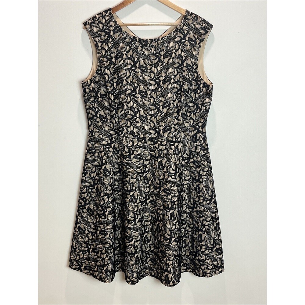 Tahari Arthur S Levine Betty Black Nude Floral Lace Fit and Flare Dress Size 16